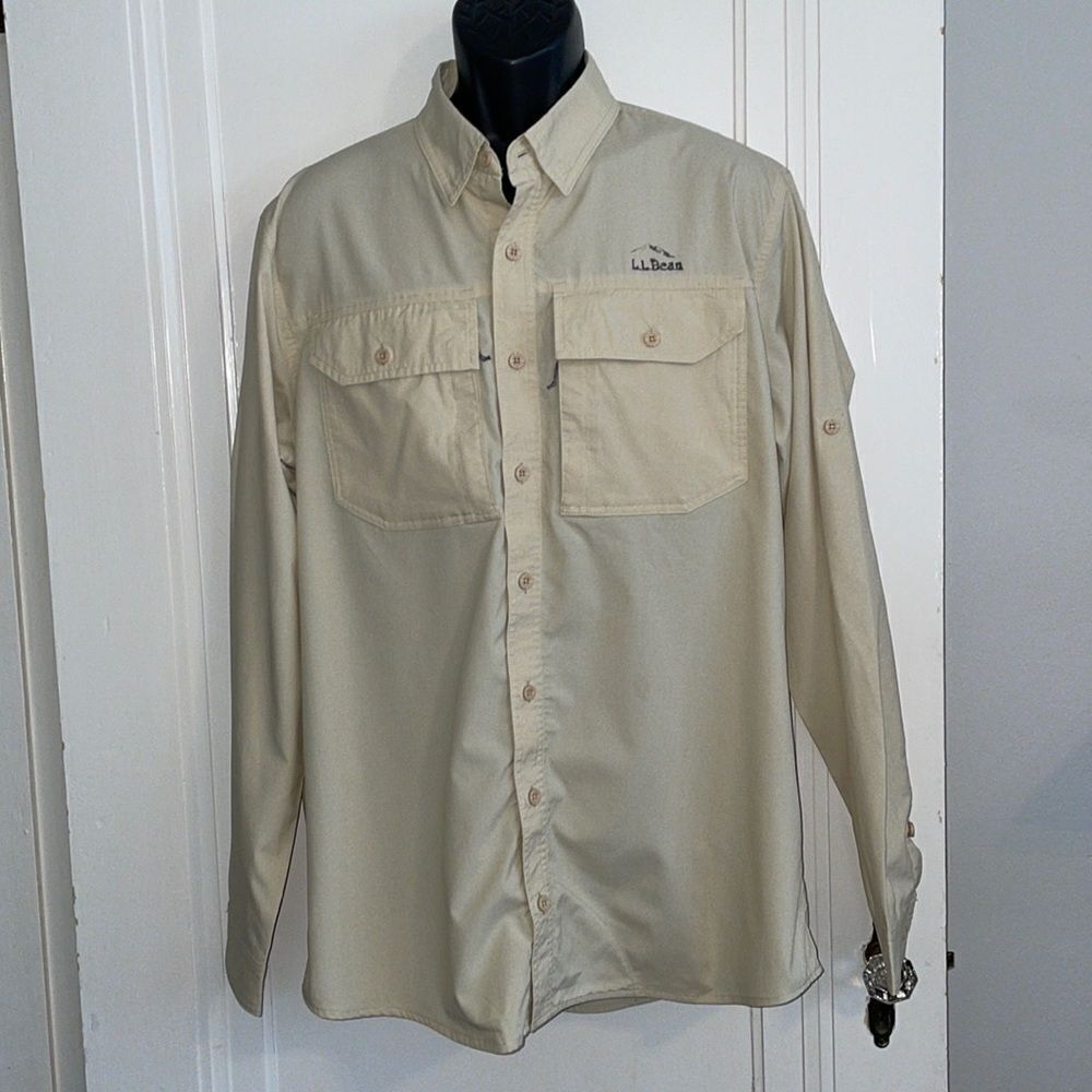 L.L. Bean light tan long sleeve polyester/nylon shirt